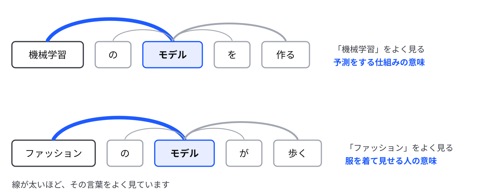 同じ言葉でも、まわりのどの言葉をよく見るかで、表すものが変わります 上の段は「機械学習 の モデル を 作る」、下の段は「ファッション の モデル が 歩く」。どちらも「モデル」から、ほかの単語へ線が伸びている。上の段では「機械学習」への線が太く、下の段では「ファッション」への線が太い。同じ「モデル」でも、どの単語をよく見るかで意味が決まることを示している