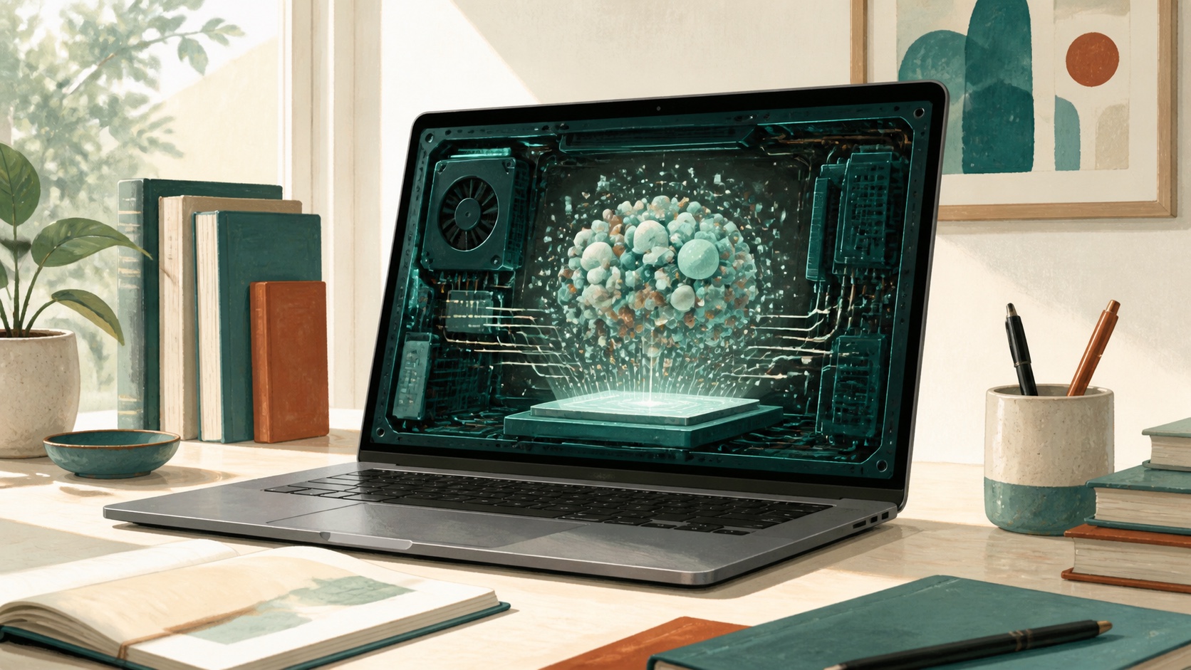 大学生の机に置かれたノートPCの中で、小さなAIモデルが動いている様子を描いたイラスト