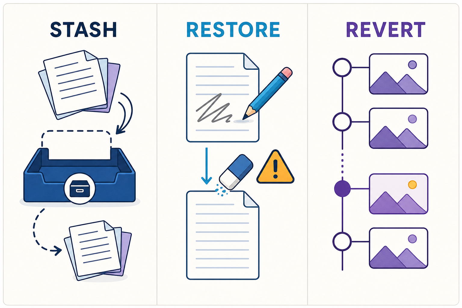 stashは作業の一時退避、restoreは未記録変更の復元、revertは履歴を残した打ち消しであることを比較した図
